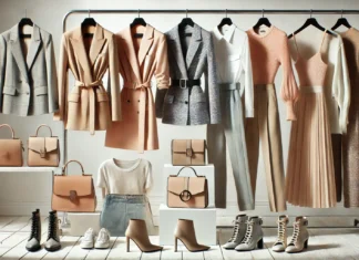 A contemporary wardrobe display featuring trendy blazers, minimalistic dresses, high-waisted trousers, chic handbags, and sleek ankle boots. The neutral color palette with pastel accents adds a fresh and fashionable touch.