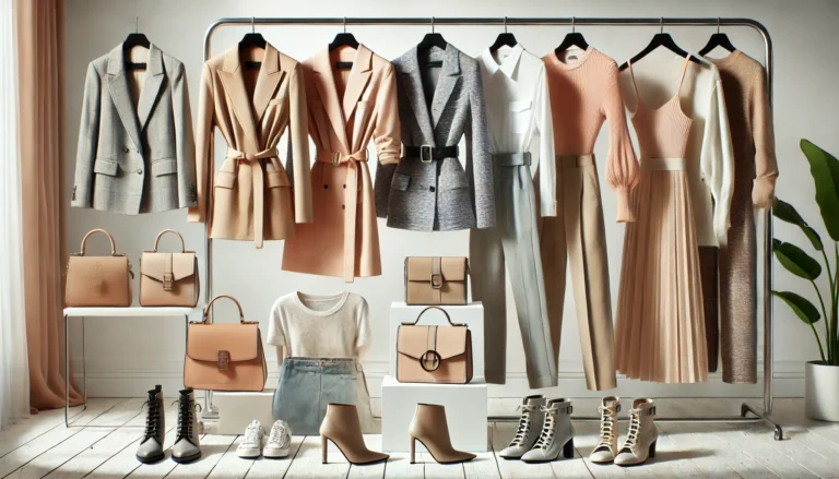A contemporary wardrobe display featuring trendy blazers, minimalistic dresses, high-waisted trousers, chic handbags, and sleek ankle boots. The neutral color palette with pastel accents adds a fresh and fashionable touch.