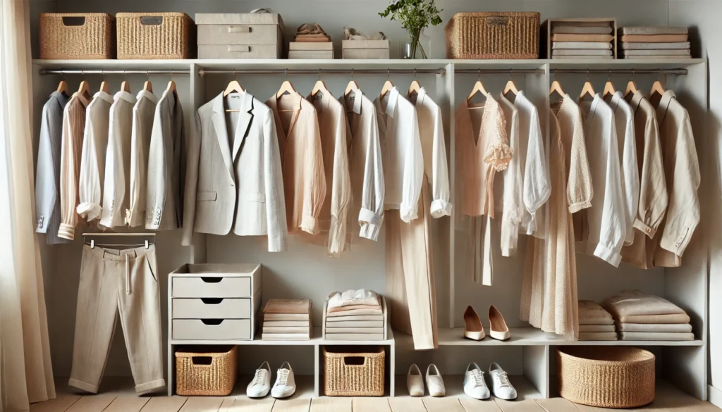 A beautifully arranged minimalist closet featuring a summer business casual capsule wardrobe with linen blazers, lightweight blouses, and tailored trousers in neutral tones, neatly hung and folded with simple storage baskets.