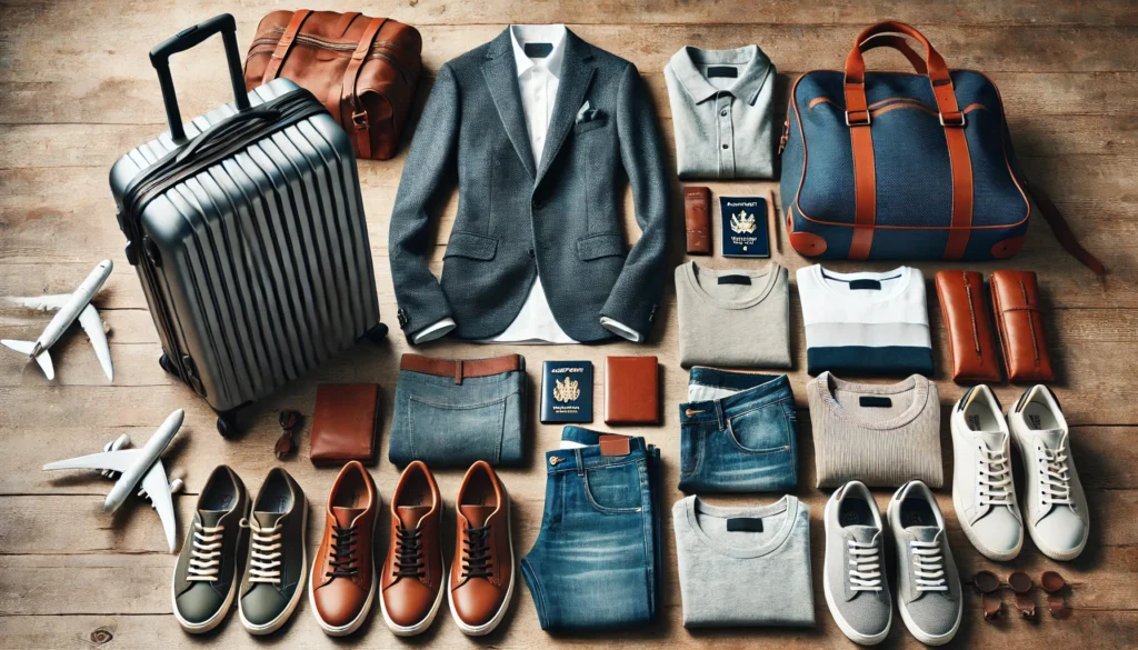 A well-structured men's travel capsule wardrobe arranged on and around a suitcase, including a travel-friendly blazer, comfortable chinos, essential T-shirts, leather sneakers, a passport holder, and a stylish duffel bag. The aesthetic blends modern style with practicality.