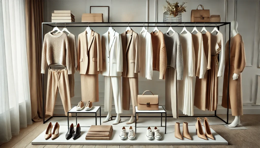 A refined boutique display of minimalist fashion essentials, including structured blazers, tailored pants, versatile midi dresses, neutral-toned knitwear, and stylish footwear, arranged in a clean, elegant space with soft lighting.
