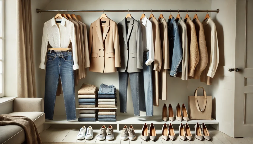 A minimalist women’s capsule wardrobe featuring neutral-toned blazers, elegant blouses, classic denim, structured coats, and versatile footwear, all neatly arranged in a modern closet with soft lighting.