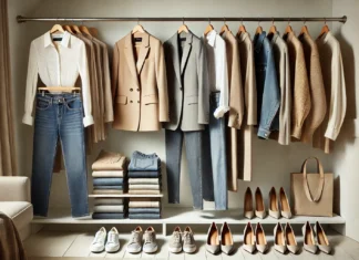 A minimalist women’s capsule wardrobe featuring neutral-toned blazers, elegant blouses, classic denim, structured coats, and versatile footwear, all neatly arranged in a modern closet with soft lighting.