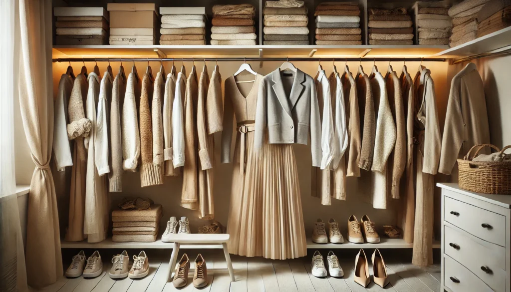A sleek, modern wardrobe featuring essential layers like neutral-toned blazers, cozy winter coats, breezy linen tops, versatile midi skirts, and stylish footwear, displayed in a clean, contemporary setting.