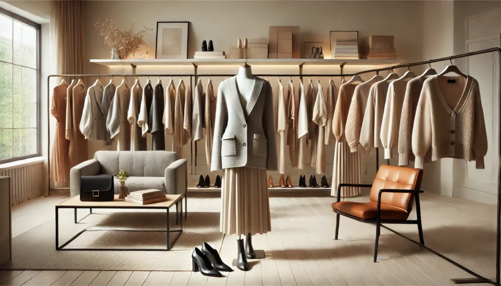 A chic fashion display featuring versatile trench coats, elegant knitwear, classic denim, and sophisticated accessories like designer handbags and shoes, set in a modern, neutral-toned boutique.