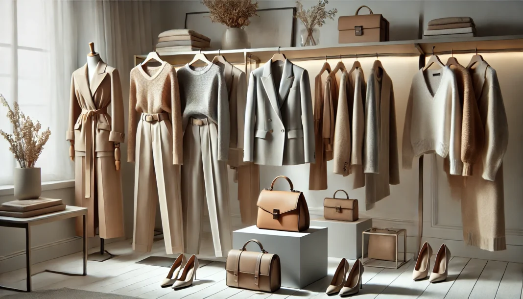 A stylish boutique display featuring a curated women’s capsule wardrobe with premium blazers, tailored trousers, elegant dresses, and luxury handbags, set in a modern, minimalist setting with soft lighting.
