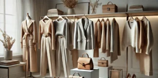 Best Capsule Wardrobe Brands for Effortless Style: A Guide to Timeless Fashion A stylish boutique display featuring a curated women’s capsule wardrobe with premium blazers, tailored trousers, elegant dresses, and luxury handbags, set in a modern, minimalist setting with soft lighting.