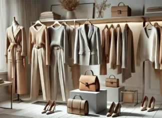 A stylish boutique display featuring a curated women’s capsule wardrobe with premium blazers, tailored trousers, elegant dresses, and luxury handbags, set in a modern, minimalist setting with soft lighting.
