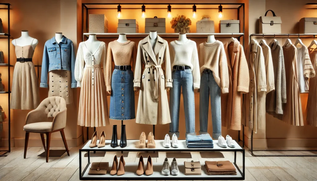 A chic boutique display featuring breezy summer dresses, autumn trench coats, winter knit sweaters, lightweight spring blazers, and classic denim, arranged for a seamless year-round fashion transition.