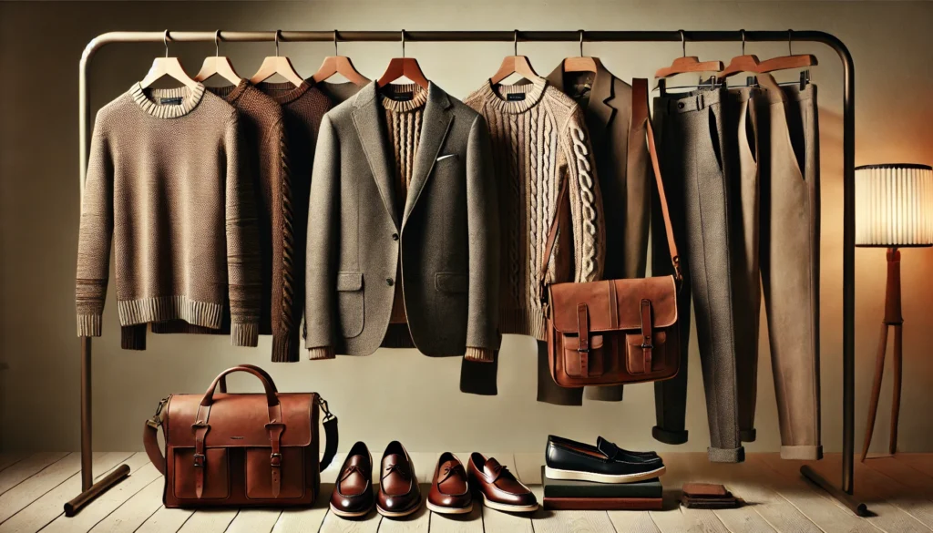 A sophisticated men's fall wardrobe displayed on a wooden rack, featuring a wool blazer, knit sweater, tailored chinos, a leather messenger bag, and versatile loafers. The muted neutral and deep autumnal shades create a refined yet casual aesthetic.