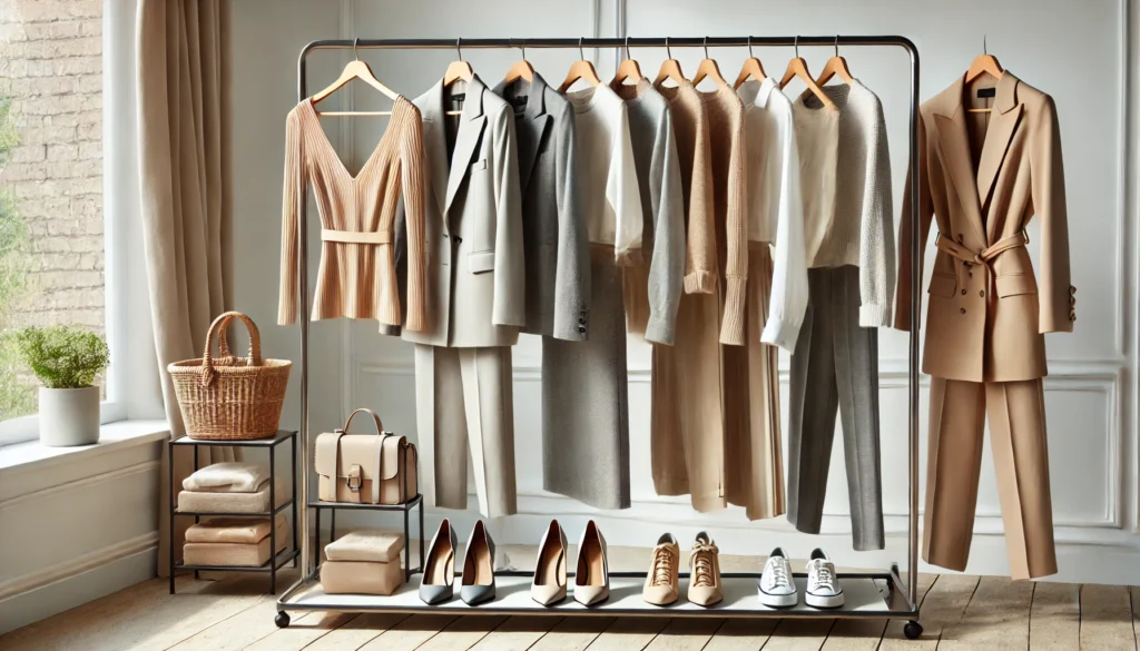 A curated collection of versatile essentials, including structured blazers, neutral-toned dresses, tailored trousers, classic knitwear, and timeless footwear, displayed on an elegant clothing rack in a minimalist space.
