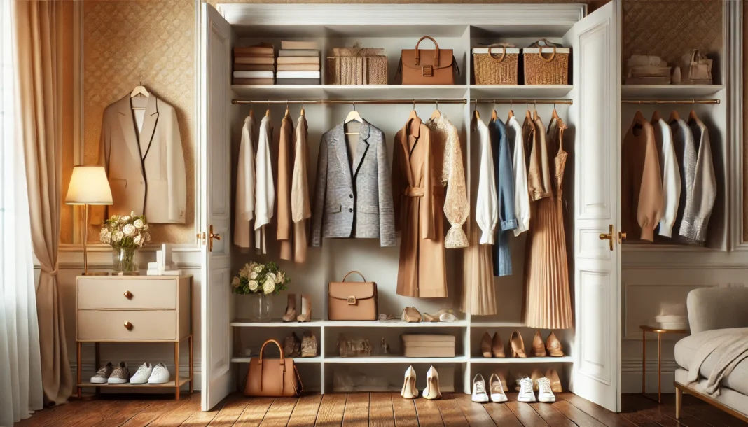 A well-organized open closet showcasing a mix of classic and modern women’s fashion, including blazers, dresses, casual wear, handbags, and shoes, in a chic, minimalist setting with warm lighting.