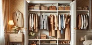How to Build a Stylish and Versatile Wardrobe: Your Guide to Essentials and Smart Choices A well-organized open closet showcasing a mix of classic and modern women’s fashion, including blazers, dresses, casual wear, handbags, and shoes, in a chic, minimalist setting with warm lighting.