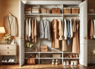 A well-organized open closet showcasing a mix of classic and modern women’s fashion, including blazers, dresses, casual wear, handbags, and shoes, in a chic, minimalist setting with warm lighting.