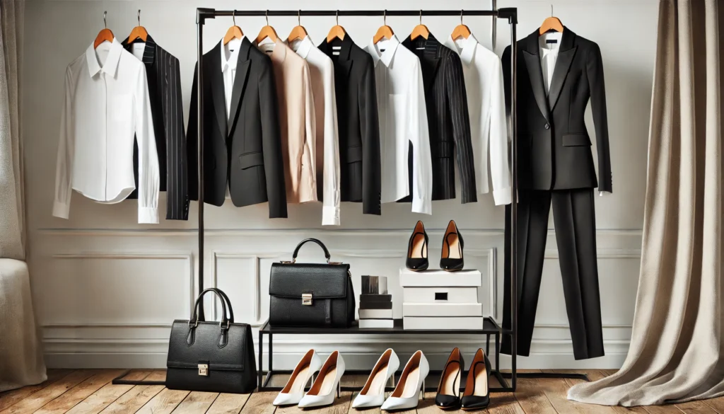 A sophisticated women’s business capsule wardrobe featuring timeless black and white professional attire. The display includes structured blazers, crisp white shirts, and well-fitted trousers on a sleek clothing rack, with coordinating shoes and handbags arranged neatly below.