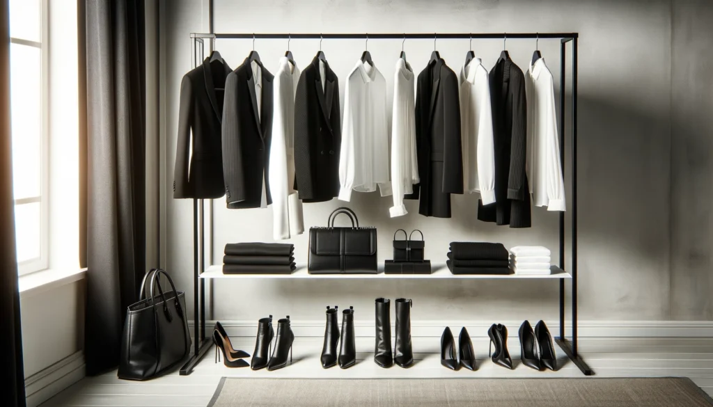 A sophisticated women’s capsule closet featuring a timeless collection of black and white wardrobe essentials. The display includes structured black blazers, crisp white blouses, and tailored trousers hanging on a sleek clothing rack, with matching shoes and handbags arranged below for a refined, classic look.