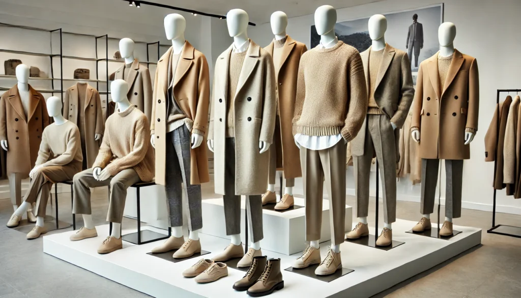 A collection of neutral capsule wardrobe outfits displayed on mannequins, featuring classic beige coats, tailored trousers, cozy knitwear, and minimalist footwear in a stylish boutique setting.