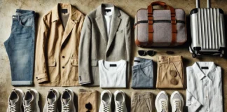 A neatly arranged men's travel capsule wardrobe featuring a lightweight jacket, neutral-toned shirts, versatile chinos, comfortable sneakers, a compact travel bag, and sunglasses. The muted color palette ensures easy mixing and matching.