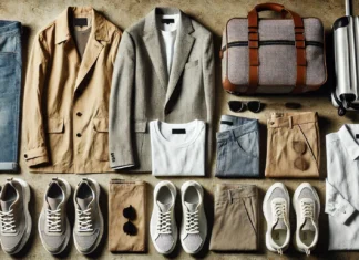 A neatly arranged men's travel capsule wardrobe featuring a lightweight jacket, neutral-toned shirts, versatile chinos, comfortable sneakers, a compact travel bag, and sunglasses. The muted color palette ensures easy mixing and matching.