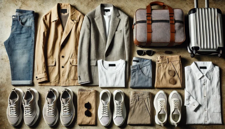 A neatly arranged men's travel capsule wardrobe featuring a lightweight jacket, neutral-toned shirts, versatile chinos, comfortable sneakers, a compact travel bag, and sunglasses. The muted color palette ensures easy mixing and matching.