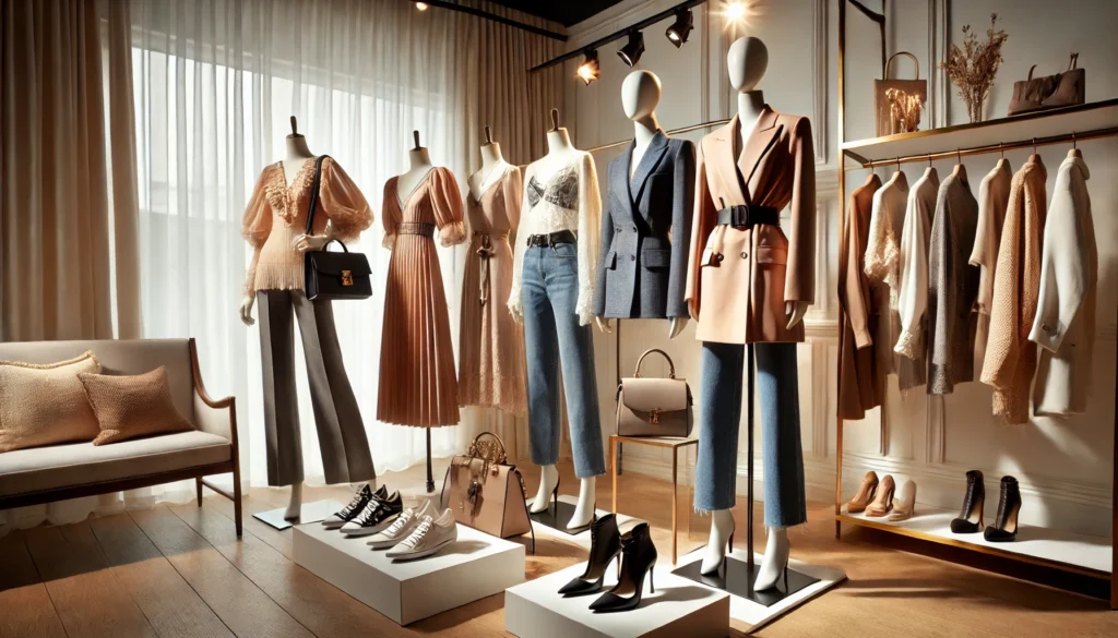A fashionable boutique setup featuring mannequins dressed in elegant dresses, tailored suits, and trendy casual outfits, complemented by handbags, jewelry, and heels, in a sophisticated and inviting ambiance.
