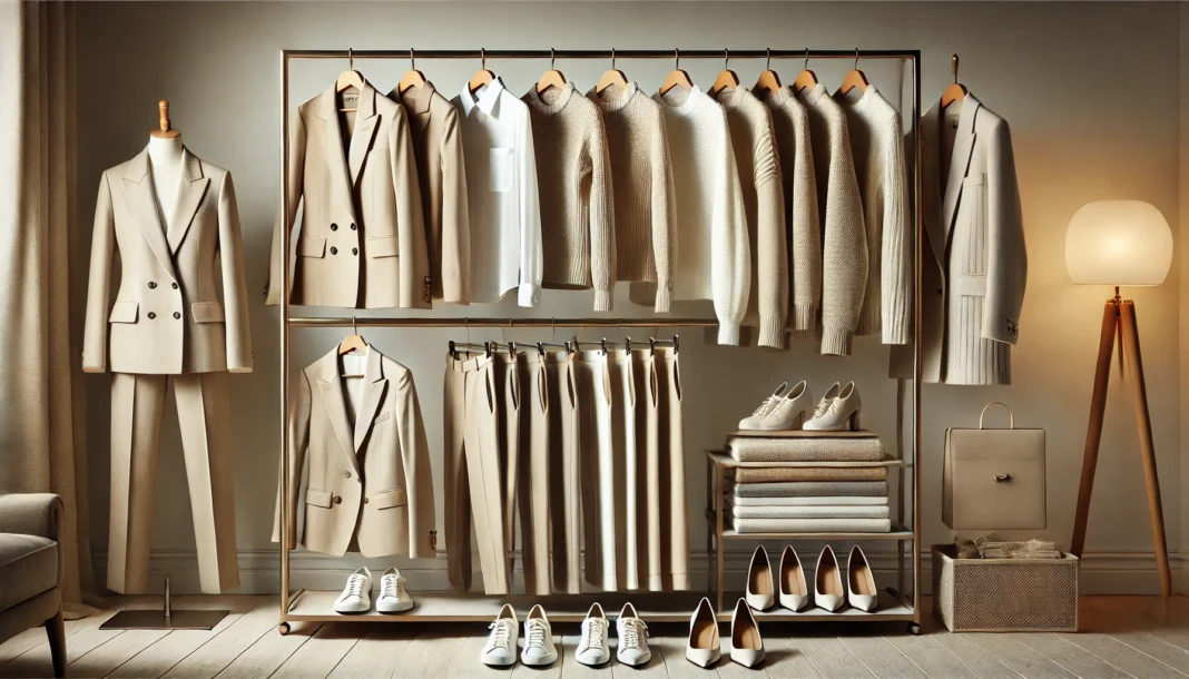 A meticulously curated women's ultimate capsule wardrobe featuring neutral classic pieces, including beige blazers, white button-down shirts, tailored trousers, and cozy sweaters. The outfits are displayed on a modern clothing rack with matching shoes and accessories, creating an organized and timeless aesthetic.