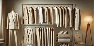 The Ultimate Capsule Wardrobe Checklist: Must-Have Essentials for a Timeless, Stylish Look A meticulously curated women's ultimate capsule wardrobe featuring neutral classic pieces, including beige blazers, white button-down shirts, tailored trousers, and cozy sweaters. The outfits are displayed on a modern clothing rack with matching shoes and accessories, creating an organized and timeless aesthetic.