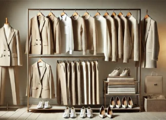 A meticulously curated women's ultimate capsule wardrobe featuring neutral classic pieces, including beige blazers, white button-down shirts, tailored trousers, and cozy sweaters. The outfits are displayed on a modern clothing rack with matching shoes and accessories, creating an organized and timeless aesthetic.