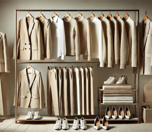 A meticulously curated women's ultimate capsule wardrobe featuring neutral classic pieces, including beige blazers, white button-down shirts, tailored trousers, and cozy sweaters. The outfits are displayed on a modern clothing rack with matching shoes and accessories, creating an organized and timeless aesthetic.