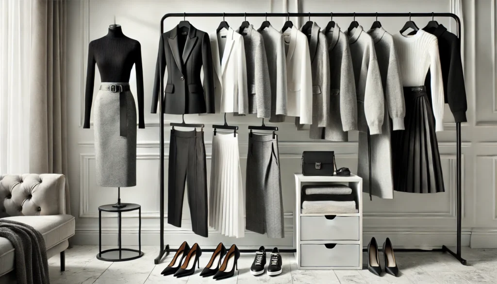 A stylish women's ultimate capsule wardrobe featuring a monochrome selection of black, white, and gray wardrobe staples. The collection includes sleek blazers, structured coats, tailored skirts, and elegant knitwear, all displayed on a clean, modern clothing rack with coordinated accessories and shoes.