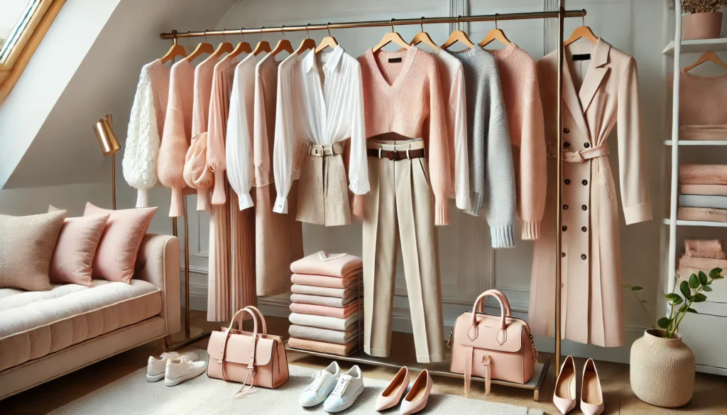 A refined women's ultimate capsule wardrobe featuring a selection of soft pastel clothing essentials, including blush pink blazers, beige trousers, light blue knitwear, and flowy white blouses. The outfits are neatly displayed on a stylish clothing rack, complemented by coordinated shoes and handbags for a chic, feminine aesthetic.
