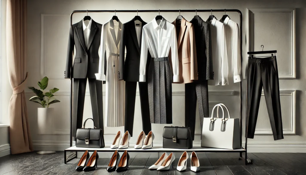 A sophisticated women’s ultimate capsule wardrobe featuring a timeless black and white collection of structured blazers, crisp white shirts, tailored trousers, and elegant dresses. The outfits are displayed on a sleek clothing rack, with matching shoes and handbags arranged below for a polished and classic look.