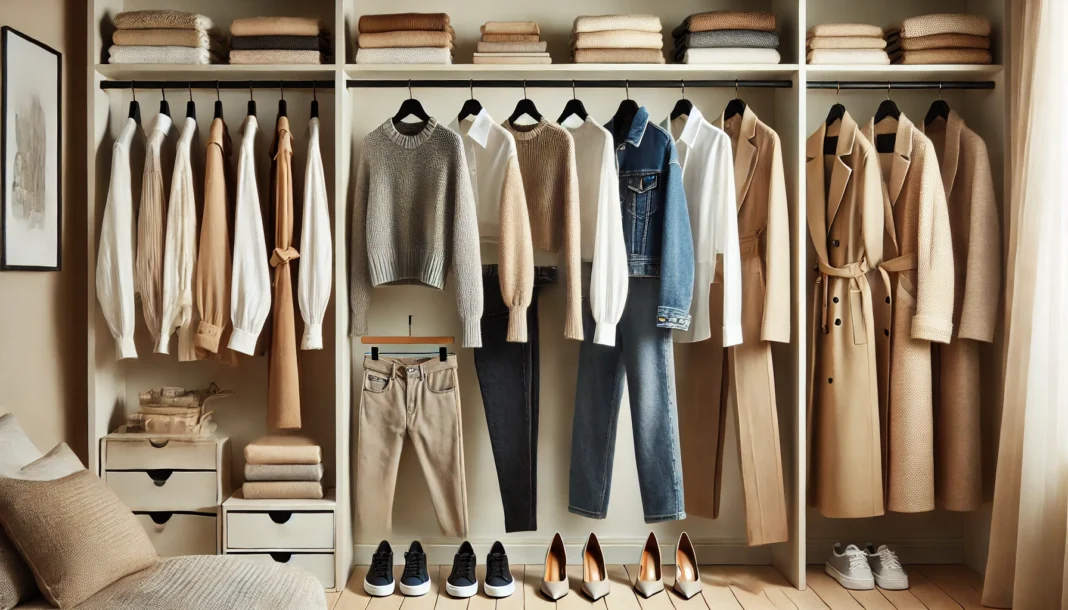 A modern minimalist capsule wardrobe featuring neutral-toned blazers, cozy knit sweaters, tailored trousers, classic trench coats, and stylish footwear, arranged neatly for year-round versatility.