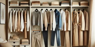 The Ultimate Guide to a Capsule Wardrobe Year-Round: Stylish, Sustainable, and Effortless A modern minimalist capsule wardrobe featuring neutral-toned blazers, cozy knit sweaters, tailored trousers, classic trench coats, and stylish footwear, arranged neatly for year-round versatility.