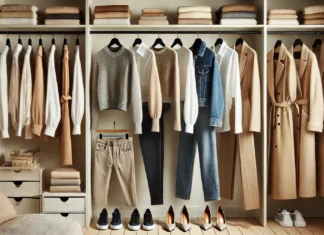 A modern minimalist capsule wardrobe featuring neutral-toned blazers, cozy knit sweaters, tailored trousers, classic trench coats, and stylish footwear, arranged neatly for year-round versatility.