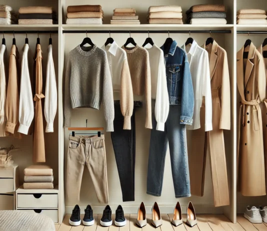 A modern minimalist capsule wardrobe featuring neutral-toned blazers, cozy knit sweaters, tailored trousers, classic trench coats, and stylish footwear, arranged neatly for year-round versatility.