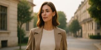 Chic Meets Sophistication: Classy Outfit Ideas for Ladies to Elevate Your Everyday Wardrobe A young woman in a beige trench coat stands confidently in a sunlit urban street during early morning light. The soft natural glow highlights her elegant outfit, embodying modern chic style and refined fashion trends in a casual outdoor setting.