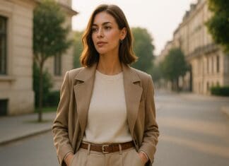 A young woman in a beige trench coat stands confidently in a sunlit urban street during early morning light. The soft natural glow highlights her elegant outfit, embodying modern chic style and refined fashion trends in a casual outdoor setting.