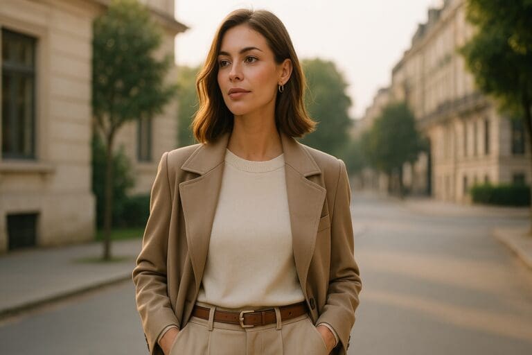 A young woman in a beige trench coat stands confidently in a sunlit urban street during early morning light. The soft natural glow highlights her elegant outfit, embodying modern chic style and refined fashion trends in a casual outdoor setting.