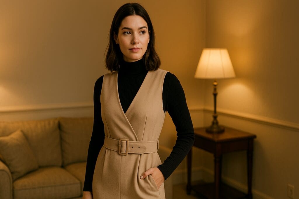 A young woman with shoulder-length dark hair poses indoors in warm ambient lighting, wearing a stylish black turtleneck layered beneath a beige V-neck dress. The soft, cozy living room backdrop and neutral color palette highlight the chic yet sophisticated outfit choice for an elevated everyday look.