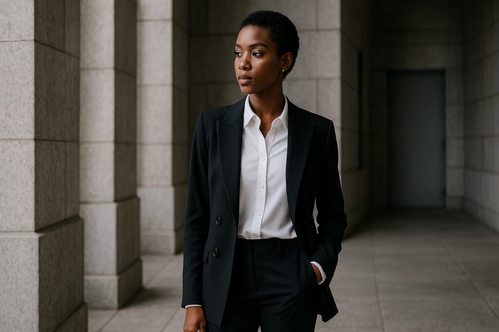 A poised young Black woman stands confidently in a sleek stone-lined urban corridor under cool clinical lighting, wearing a structured black blazer over a crisp white blouse. The dramatic symmetry and minimalist background emphasize her elegant outfit, reflecting modern sophistication in a city setting.