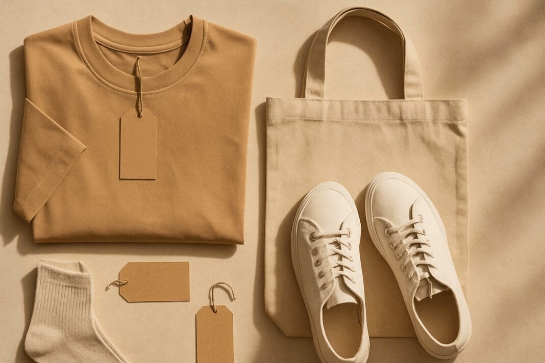 Flat lay of neutral-toned clothing essentials from affordable non fast fashion brands, including organic cotton tee, canvas sneakers, and a reusable tote bag