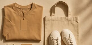 Flat lay of neutral-toned clothing essentials from affordable non fast fashion brands, including organic cotton tee, canvas sneakers, and a reusable tote bag