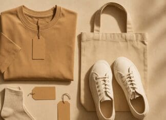 Flat lay of neutral-toned clothing essentials from affordable non fast fashion brands, including organic cotton tee, canvas sneakers, and a reusable tote bag