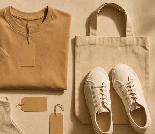 Flat lay of neutral-toned clothing essentials from affordable non fast fashion brands, including organic cotton tee, canvas sneakers, and a reusable tote bag
