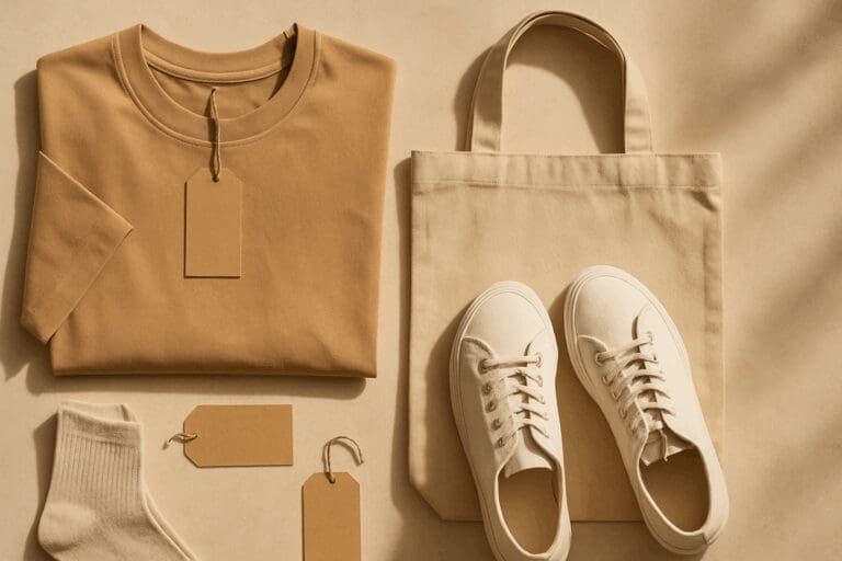 Flat lay of neutral-toned clothing essentials from affordable non fast fashion brands, including organic cotton tee, canvas sneakers, and a reusable tote bag