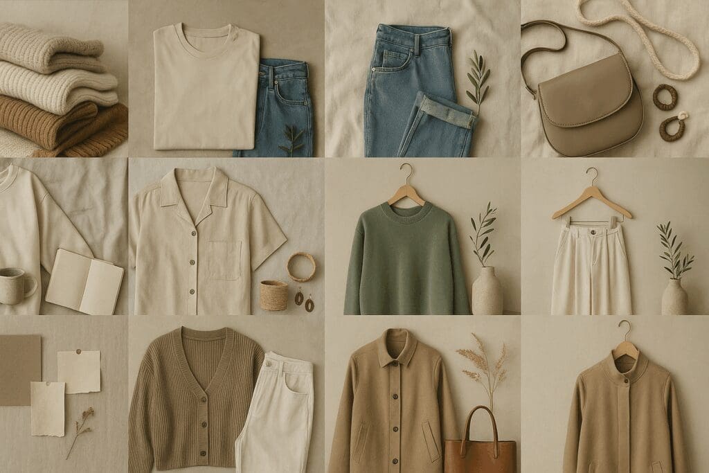Collage showcasing cozy knits, ethical denim, organic loungewear, and upcycled accessories from affordable non fast fashion brands.