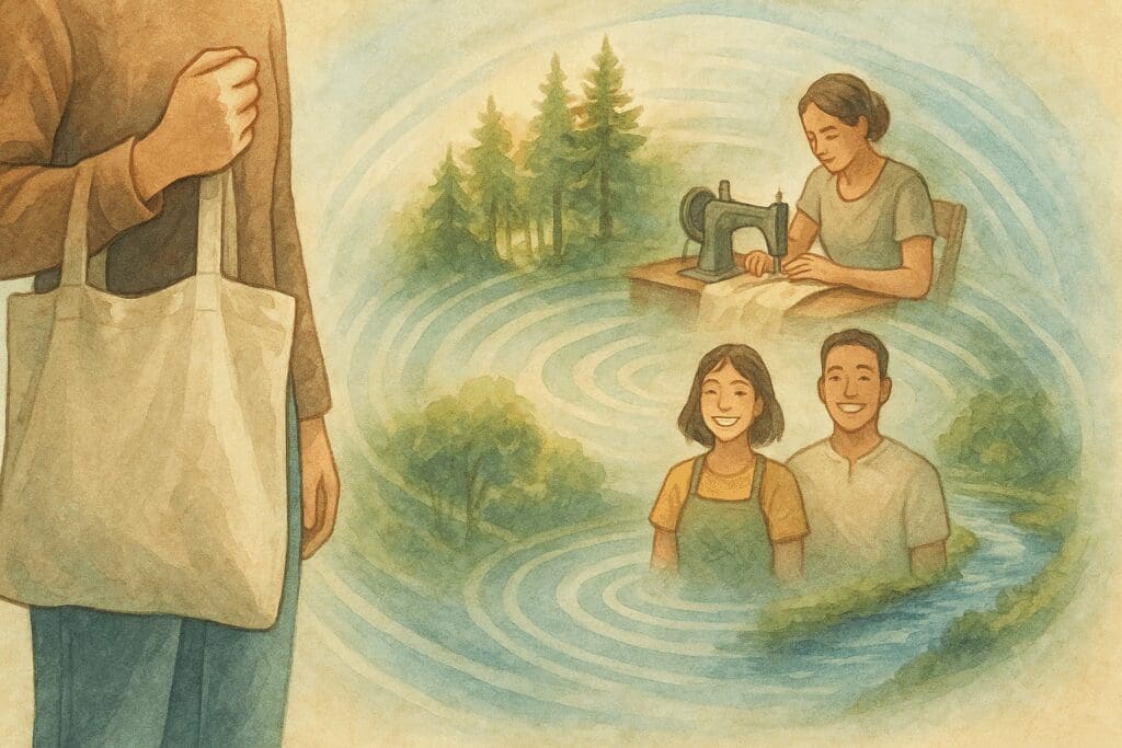 Shopper with a reusable bag surrounded by symbolic ripples showing forest growth, artisans, workers, and clean rivers—depicting the impact of affordable non fast fashion brands.