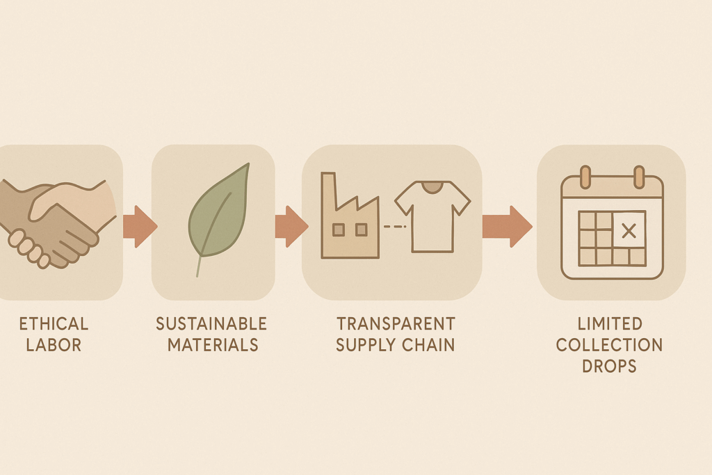 Infographic showing five signs of affordable non fast fashion brands: ethical labor, sustainable materials, transparent supply chains, certifications, and limited drops