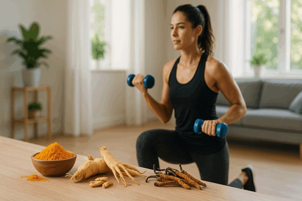 Fit woman doing lunges with dumbbells near turmeric, ginseng, and cordyceps, showcasing natural herbs for weight loss.